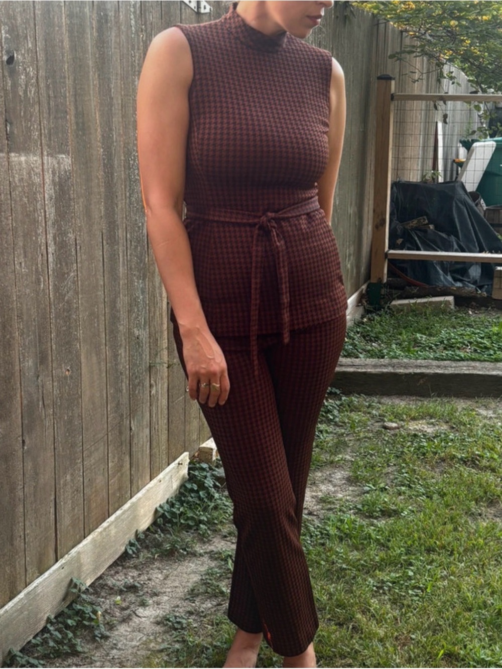 Vintage Brown Houndstooth Sleeveless Mock Neck Jumpsuit